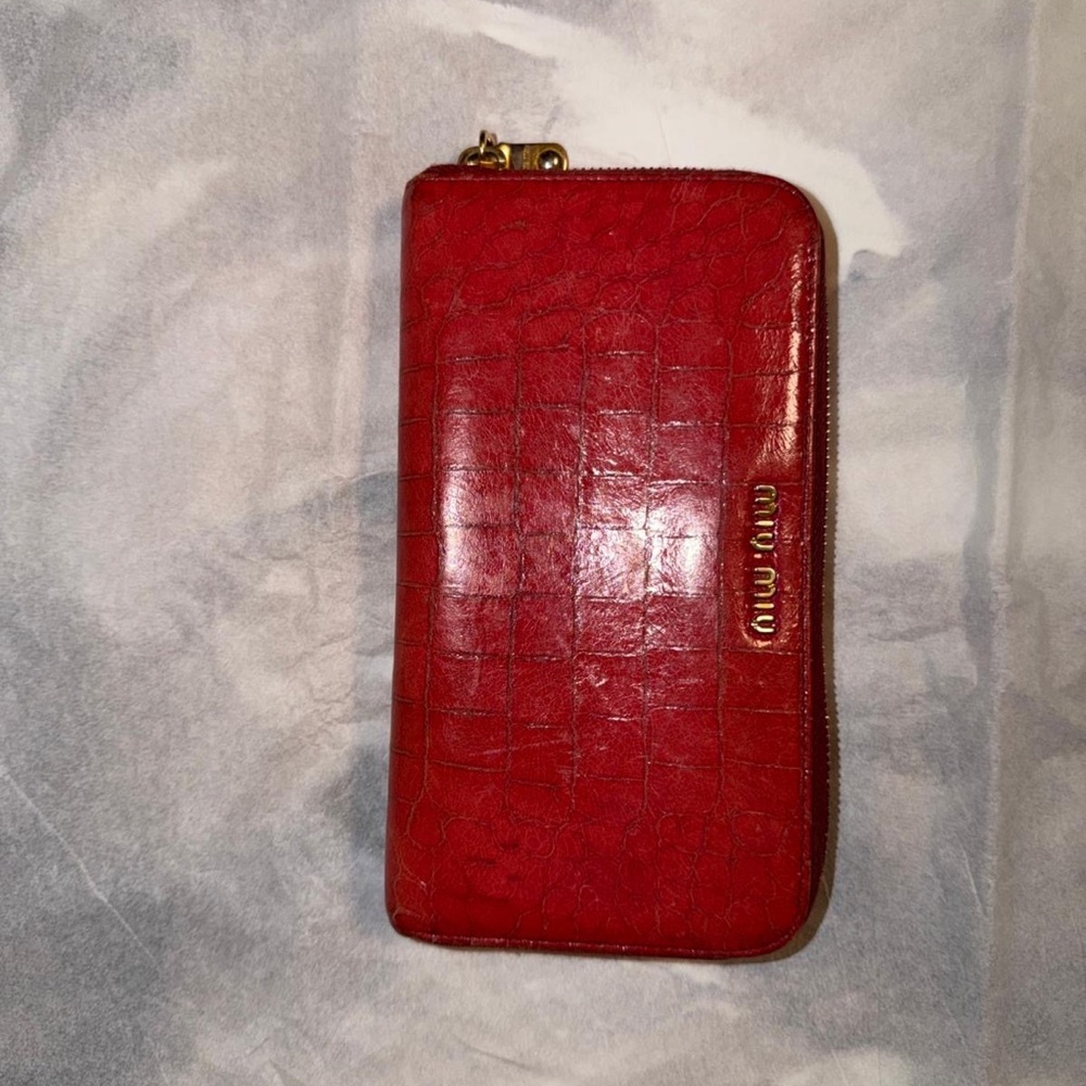 Miu Miu Red Croc-Embossed Zip Wallet with Gold Logo